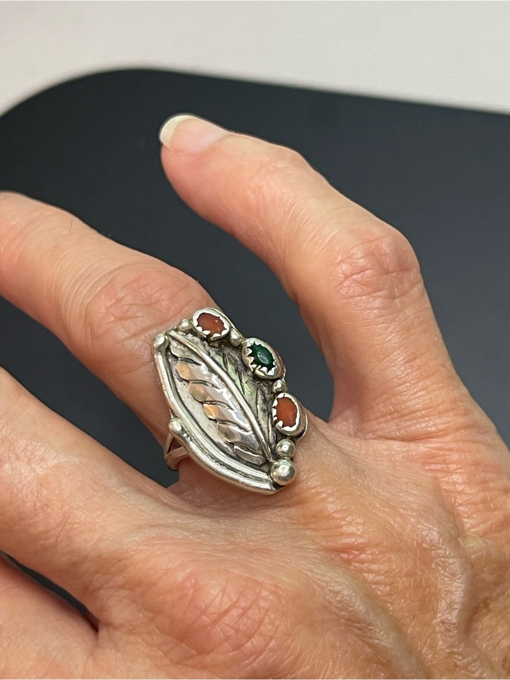 Sterling Leaf Statement Ring with Green and Orange turquoise Stones